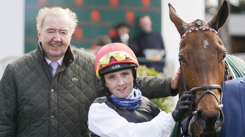 Homeless Songs in the parade ring with trainer Dermot Weld and jockey Chris Hayes after winning the Leopardstown 1,000 Guineas Trial Stakes in April