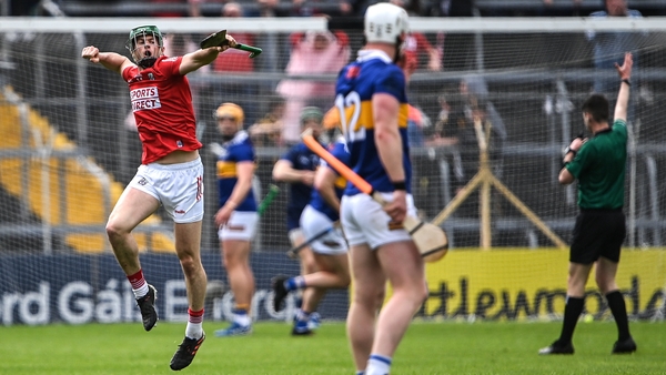 Séamus Harnedy celebrates Cork's first goal, scored by team-mate Alan Connolly