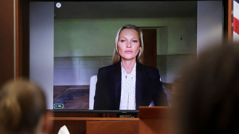 Model Kate Moss testifies via video link at the Fairfax County Circuit Courthouse in Fairfax, Virginia in the US