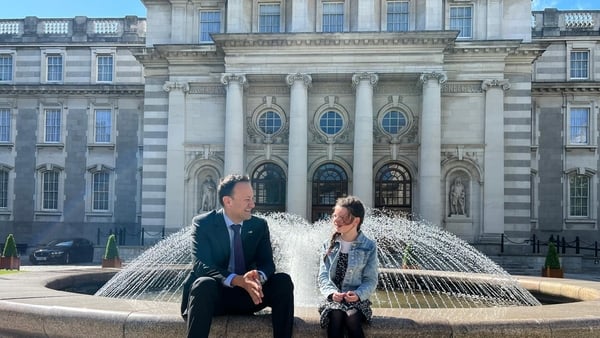 Tánaiste Leo Varadkar chats to Cara Darmody outside Government Buildings