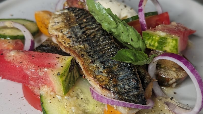 Derry Clarke's peppered mackerel, tomato, apple & watermelon, horseradish cream