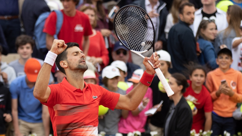Novak Djokovic celebrates his win on Court Philippe Chatrier