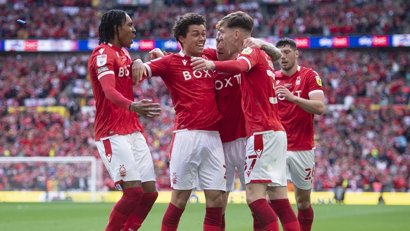 Brennan Johnson celebrates with Forest team-mates Djed Spence, James Garner and Jack Colback after the winning goal