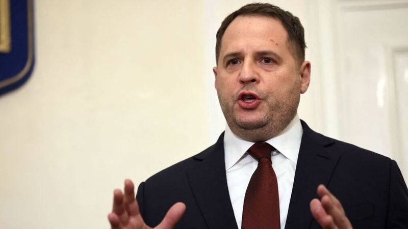Andriy Yermak speaking during a press conference in Paris in January