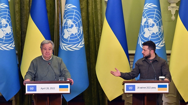 Ukrainian President Volodymyr Zelensky (R) and UN Secretary-General Antonio Guterres after talks in Kyiv on 28 April. The Security Council failed to go far enough in its efforts to "prevent and end" Russia's war in Ukraine, Mr Guterres admitted