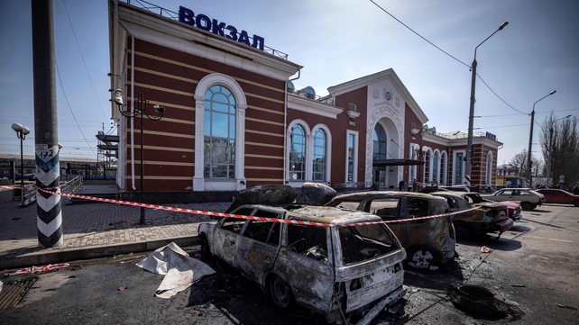 Cars outside a train station in Kramatorsk that was being used for civilian evacuations,
after it was hit by a rocket attack, killing at least 35 people on 8 April
