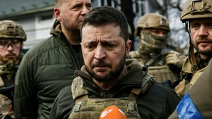 Ukrainian President Volodymyr Zelensky speaks to media in the town of Bucha on 4 April