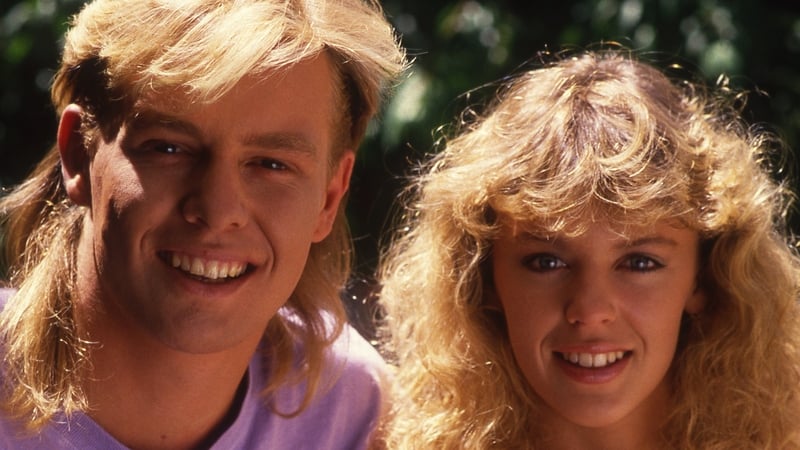 Kylie Minogue and Jason Donovan pictured together on the set of neighbours when they played the Aussie soap's resident sweethearts