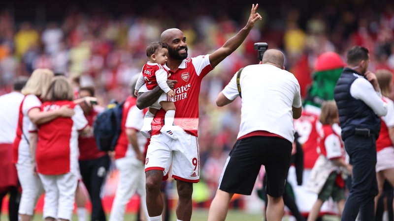 Alexandre Lacazette takes part in a lap of honour after the final Premier League game of the season against Everton