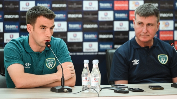 Seamus Coleman and Stephen Kenny speaking to the media in Yerevan