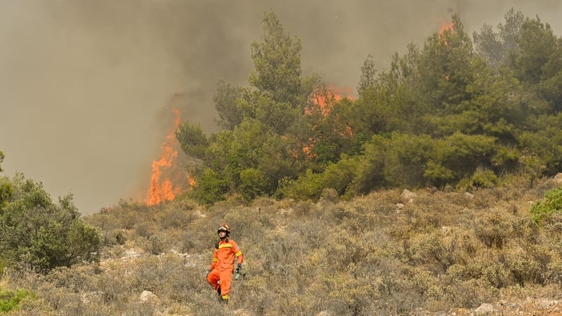 A firefighter at the scene of the wildfire in the Athens suburb of Ano Voula