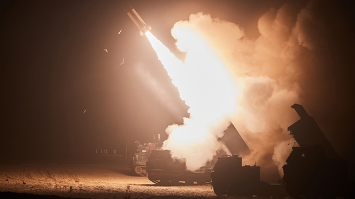 A missile being fired during a joint training between the US and South Korea today (Pic: Handout image released by the South Korean Defense Ministry)