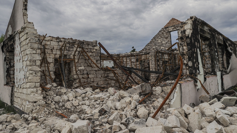 A heavily damaged house after Russian attacks at Zahaltsi village in Kyiv, Ukraine