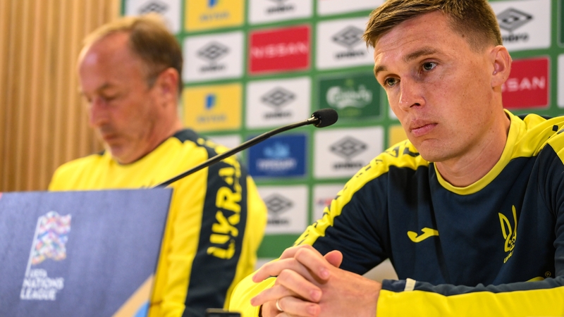 Serhiy Sydorchuk speaking at the press conference in Dublin ahead of the Ireland v Ukraine tie
