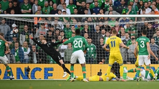 Republic of Ireland goalkeeper Caoimhin Kelleher is beaten by a free-kick as Ukraine take the lead