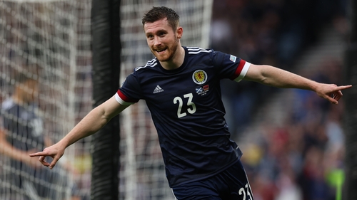 Anthony Ralston celebrates his goal against Armenia