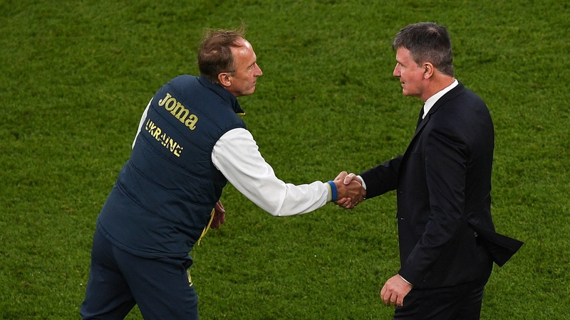 Ukraine manager Oleksandr Petrakov, left, and Republic of Ireland manager Stephen Kenny