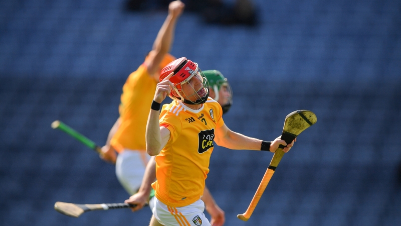 James McNaughton celebrates scoring Antrim's second goal in the Joe McDonagh Cup final