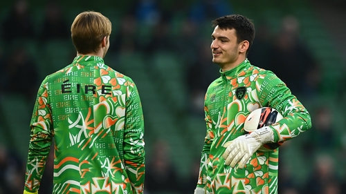 Max O'Leary speaking with team-mate Caoimhin Kelleher ahead of the friendly win over Lithuania in March
