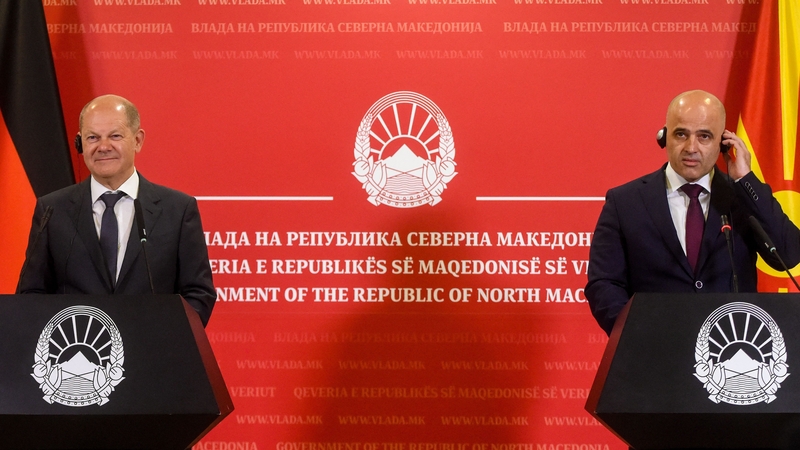 German Chancellor Olaf Scholz and North Macedonia's Prime Minister Dimitar Kovacevski address a joint press conference following their meeting in Skopje
