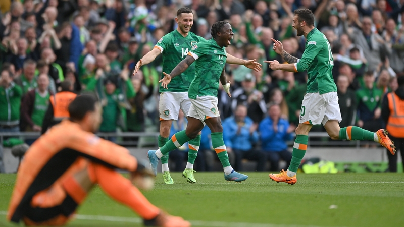 Michael Obafemi celebrates his goal against Scotland