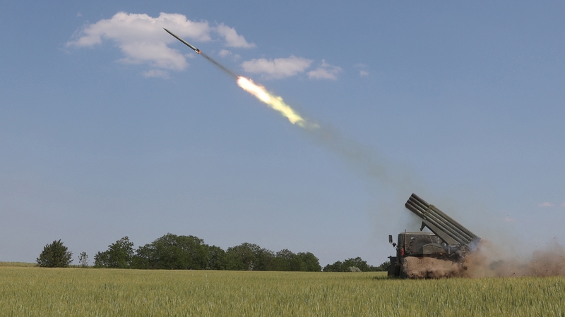 Ukrainian BM-21 Grad, a multiple rocket launcher, firing near Izyum, south of Kharkiv, today