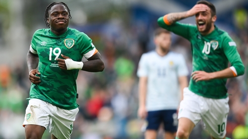 Michael Obafemi celebrates after scoring his side's third goal with team-mate Troy Parrott
