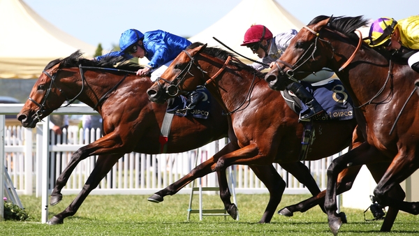 Coroebus (far side) prevails in a driving finish at the Berkshire track