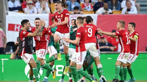 Roland Sallai celebrates scoring the second goal of his brace