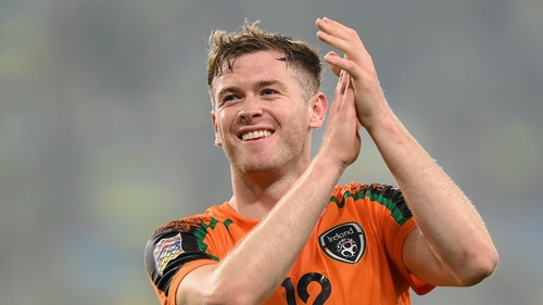 Nathan Collins thanks the travelling support after the game
