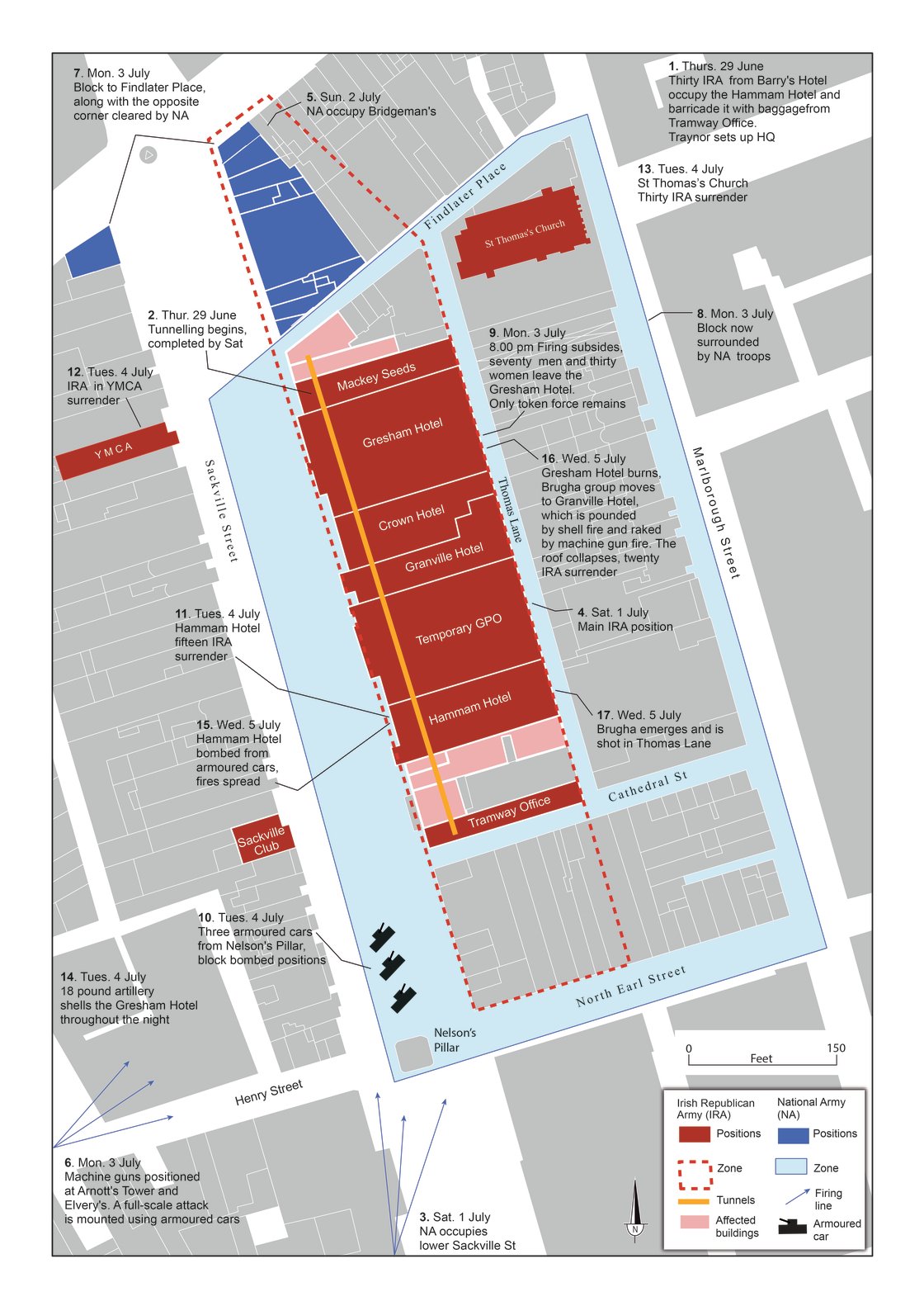 Map showing the action in the Sackville (O'Connell) Street Area, 29 June -5 July 1922. Click on the map to zoom in. Map from the Atlas of the Irish revolution (CUP, 2017)