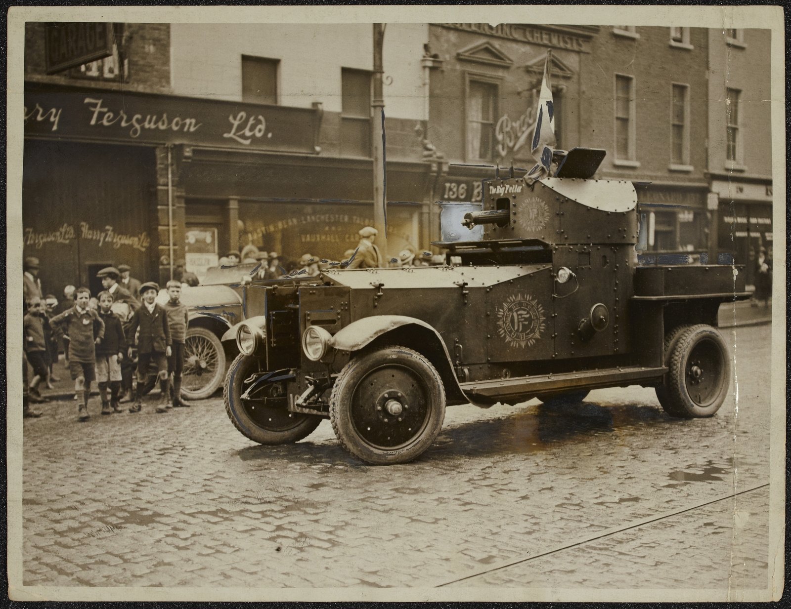 Free State Armoured Car 'The Big Fellow' outside Ferguson's Garage just after Leo Henderson's arrest (Credit: National Library of Ireland)