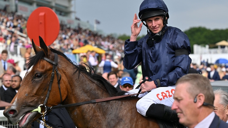 Ryan Moore returns to the winner's enclosure after his victory on Tuesday in the Oaks on the first day of the Epsom Derby Festival horse racing event at Epsom Downs Racecourse in Epsom, south of England, on June 3, 2022. - Trainer Aidan O'Brien wins