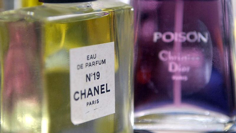 Bottles of fake perfumes on display at the customs office in Antwerp, Belgium