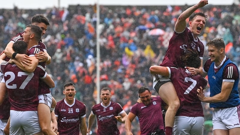 Galway players celebrate winning the penalty shootout