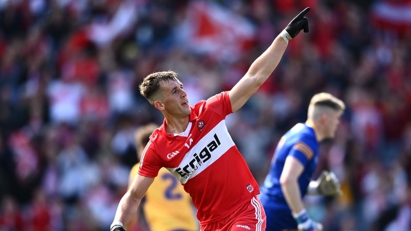 Shane McGuigan celebrates after scoring Derry's fifth goal against Clare