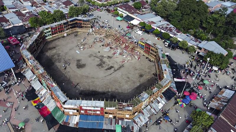 An aerial view of the collapsed grandstand in the municipality of El Espinal, southwest of Bogotá