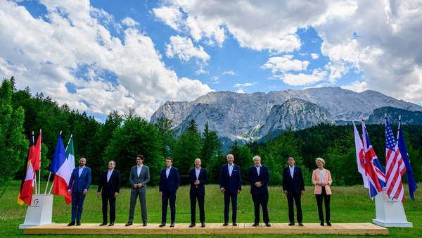 European Council President Charles Michel, Italy's PM Mario Draghi, Canada's PM Justin Trudeau, French President Emmanuel Macron, German Chancellor Olaf Scholz, US President Joe Biden, UK PM Boris Johnson, Japan's PM Fumio Kishida and European Commission