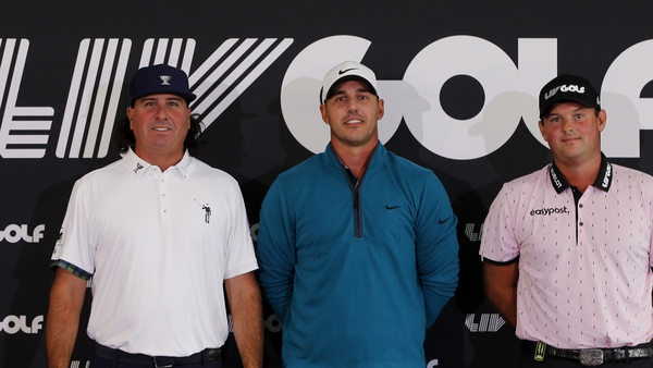 Pat Perez (L), Brooks Koepka and Patrick Reed of the United States pictured at the LIV Golf Invitational in Portland