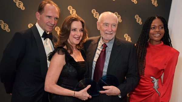 (L-R) Bond star Ralph Fiennes, producer Barbara Broccoli, producer Michael G Wilson, and Bond star Naomie Harris at the BFI Fellowship event in London on Tuesday night