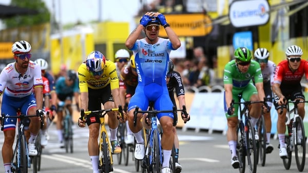 An emotional Dylan Groenewegen crosses the finish line in Sondeborg