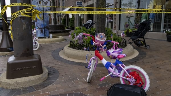 A child's bike left behind at the scene of a mass shooting on the Fourth of July parade in Highland Park, Chicago