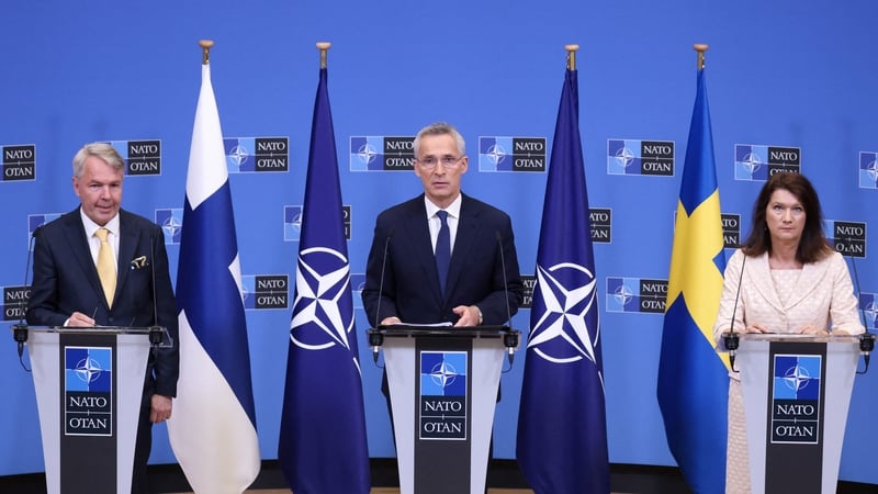 (L-R) Finnish Foreign Minister Pekka Haavisto, NATO Secretary General Jens Stoltenberg and Swedish Ministry for Foreign Affairs Anne Linde
