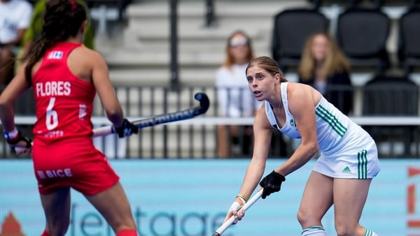 Katie Mullan (R) in action against Chile at Wagener Stadium in Amstelveen