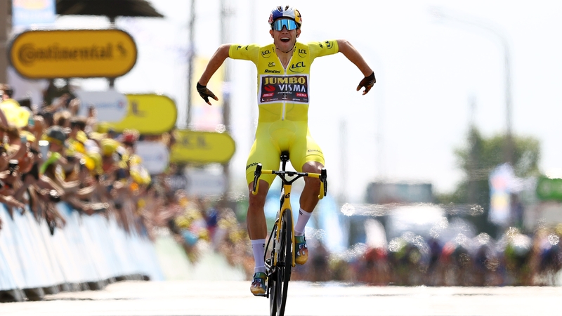 Wout Van Aert celebrates at finish line as stage winner