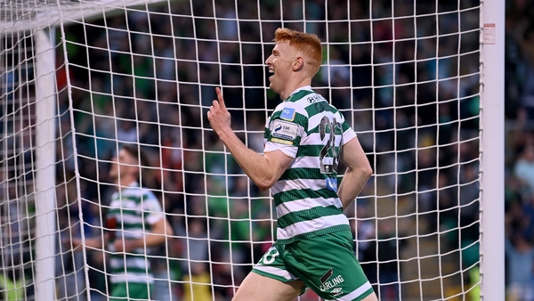 Rory Gaffney celebrates Rovers' third goal on the night