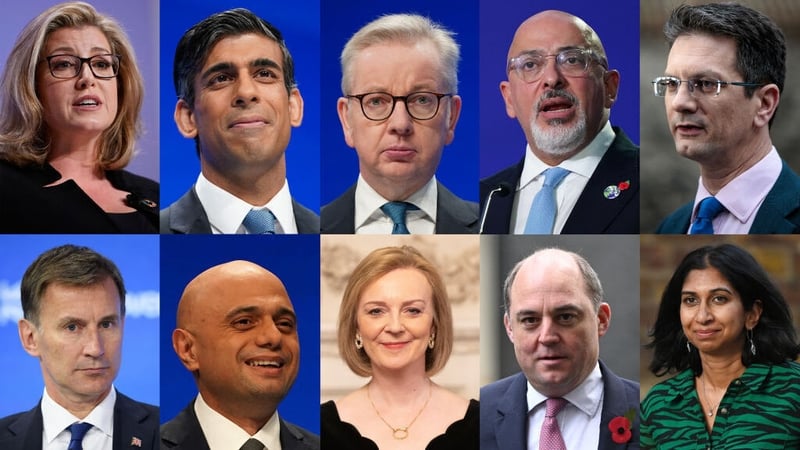 The rumoured 10 Conservative Leader candidates (From the left clockwise) Penny Mordaunt, Rishi Sunak, Michael Gove, Nadhim Zahawi, Steve Baker, Suella Braverman, Ben Wallace, Liz Truss, Sajid Javi
