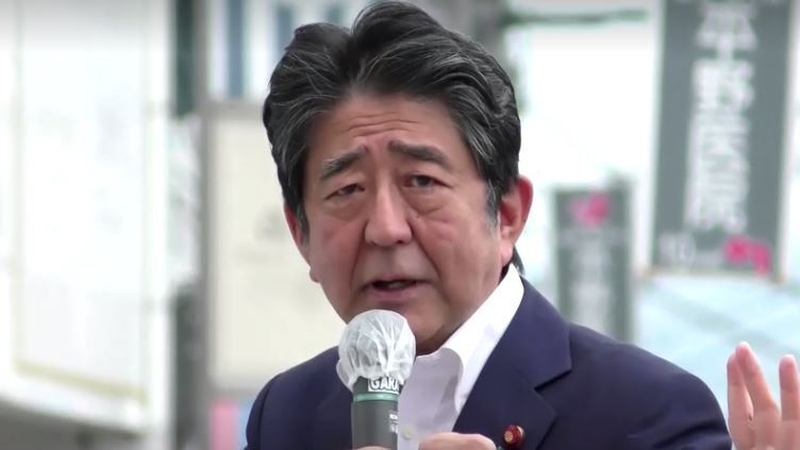 Former prime minister Shinzo Abe pictured moments before he was shot at an election event