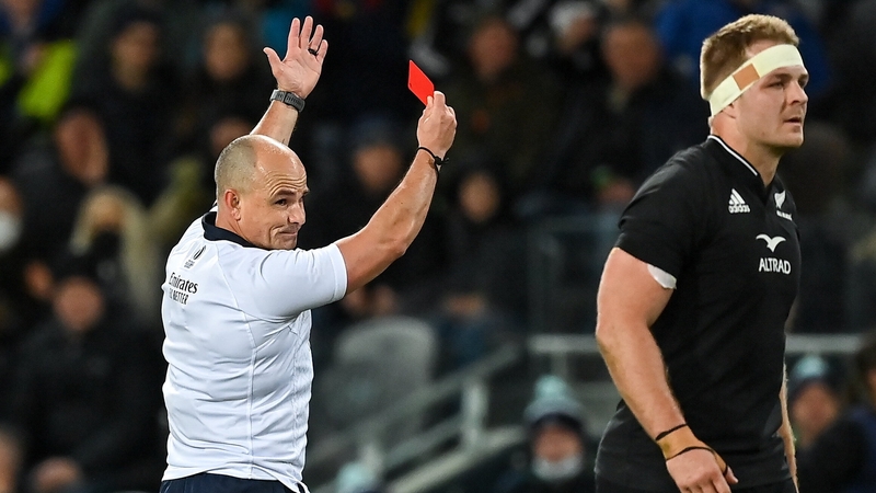 Referee Jaco Peyper shows a red card to Angus Ta'avao (not pictured) against Ireland with captain Sam Cane in picture