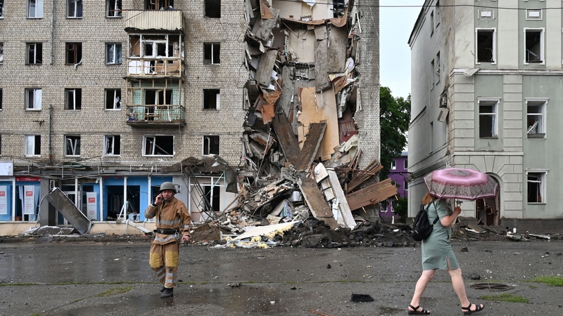 A building partially destroyed after a Russian missile strike in Kharkiv